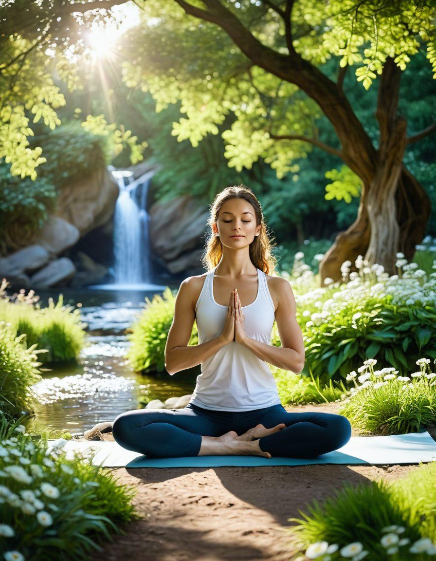 A tranquil scene featuring a serene individual practicing yoga in a lush green park, surrounded by blooming flowers and soft sunlight filtering through the trees. The person is in a powerful asana pose that symbolizes strength and mindfulness, with an ethereal aura representing love and wellness surrounding them. In the background, a gentle stream flows, enhancing the sense of peace and connection with nature. vibrant colors. super-realistic. nature-inspired.
