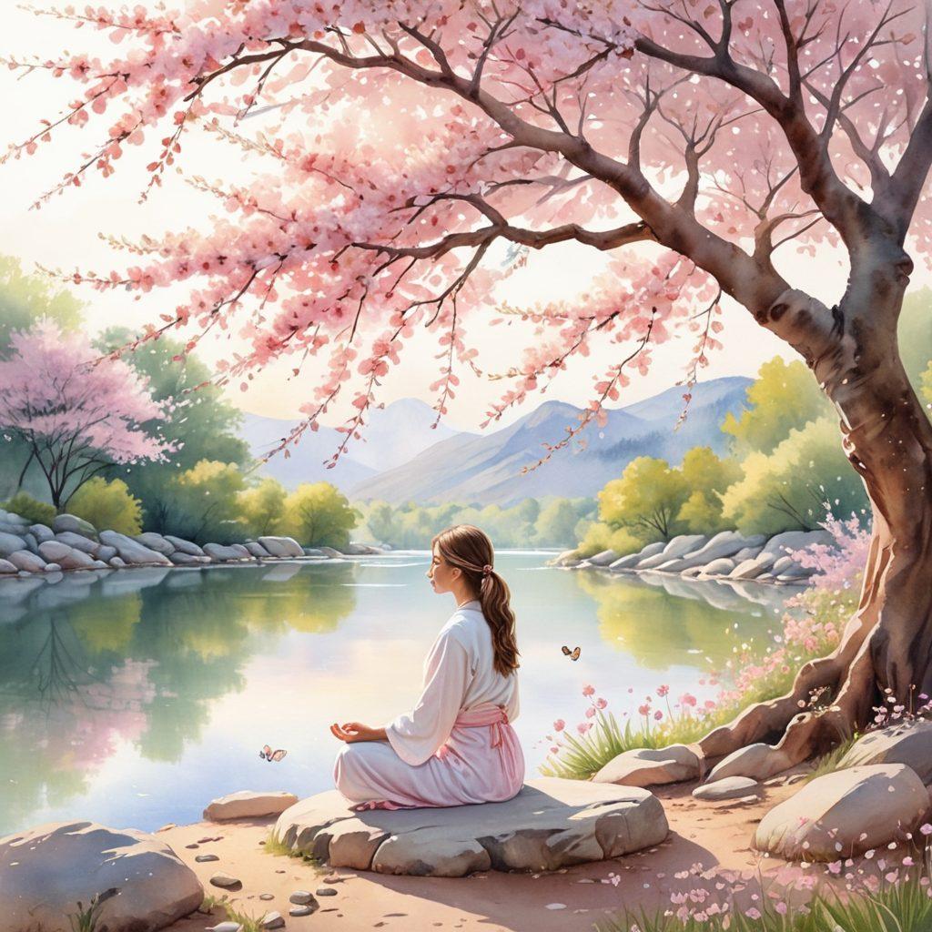 A serene landscape featuring a tranquil woman meditating under a blooming cherry blossom tree, surrounded by soft pastel colors and gentle sunlight filtering through the branches. Nearby, symbols of holistic health like plants and stones enhance the setting, representing emotional balance and self-love. Add butterflies fluttering around to symbolize transformation and mindfulness. watercolor style. soft colors. ethereal glow.