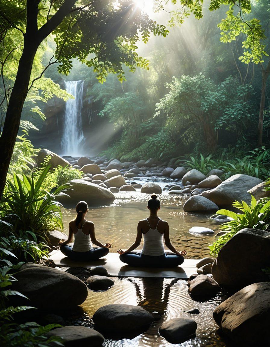 A serene landscape featuring a diverse group of individuals practicing yoga asanas in a tranquil outdoor setting, surrounded by lush greenery and a gentle flowing stream. Sunlight filters through the leaves, creating dappled patterns on the ground, while a soft mist rises in the background, symbolizing transformation and harmony. Include elements of balance and peace, such as stones stacked in harmony nearby. vibrant colors. super-realistic.